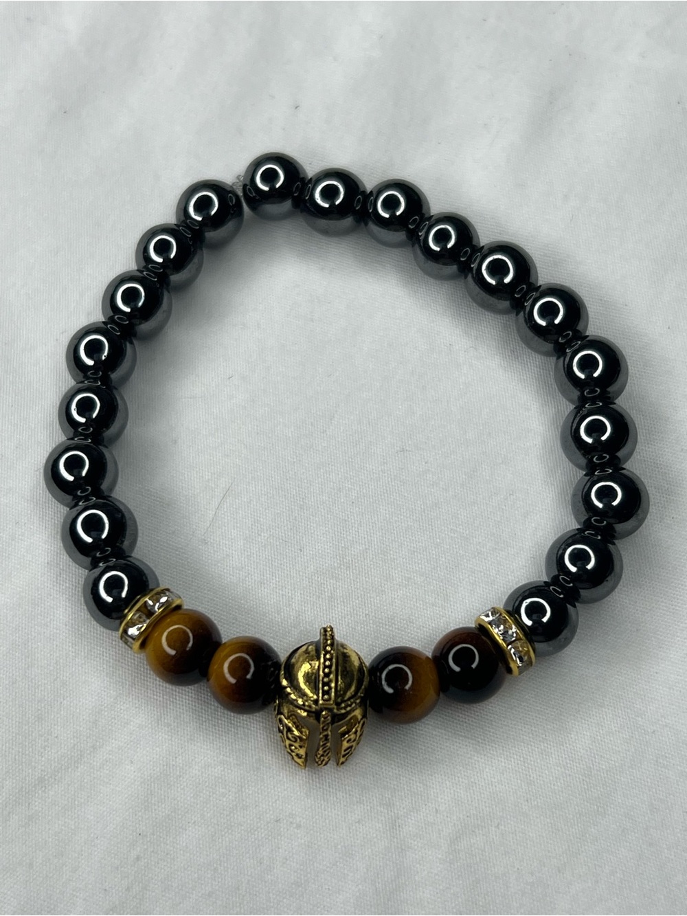 Black Hematite and Brown Tiger Eye Spartan Helmet Beaded Bracelet